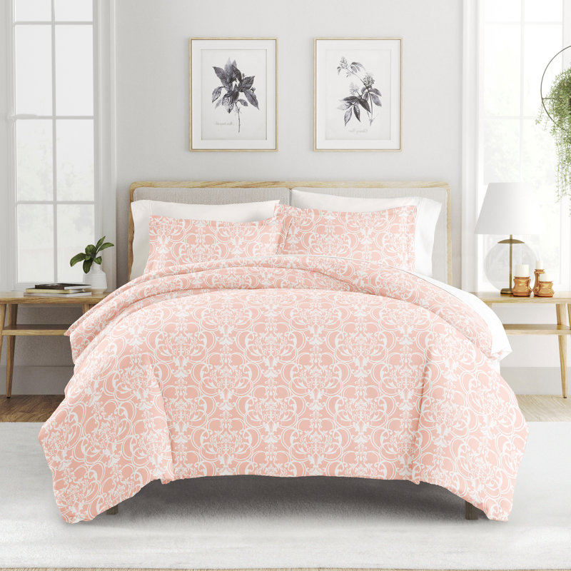  Ensemble de housse de couette à motif damassé romantique, Édredon pour très grand lit + 2 taies décorativ