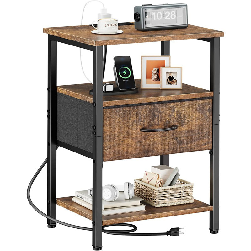 Table de chevet, table de chevet avec station de charge, table de chevet avec tiroir, table de bout à 3 niveaux avec tablette de rangement pour le salon, grande table de chevet, petite table de chevet rustique pour la chambre à coucher, brun
