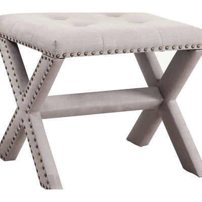 Banc contemporain en mélange de lin gris avec design et garniture cloutée pour le salon, structure en bois d'ingénierie durable, coussins en mousse épaisse, P 19 po, l 17 po, H 18 po, siège principal, mousse