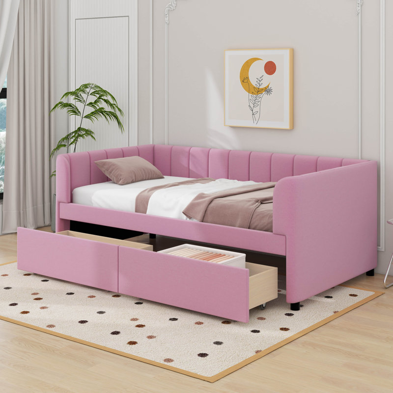 Lit de jour simple tapissier avec tiroirs, Rose