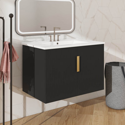 Meuble-lavabo de salle de bain 30 po avec lavabo, armoire de rangement murale cannelée avec 2 portes et tablette réglable à l'intérieur