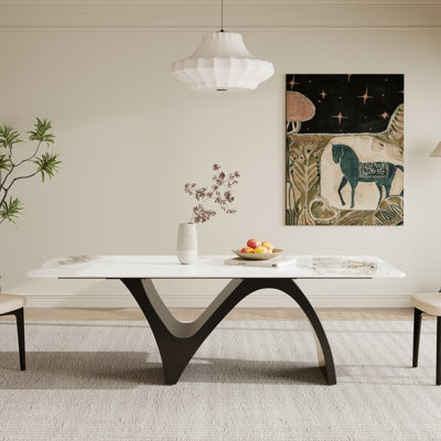 Modern Retangular Dining Table for 6-10, Glossy White Sintered Stone Table top, N-Shaped Carbon Steel Legs