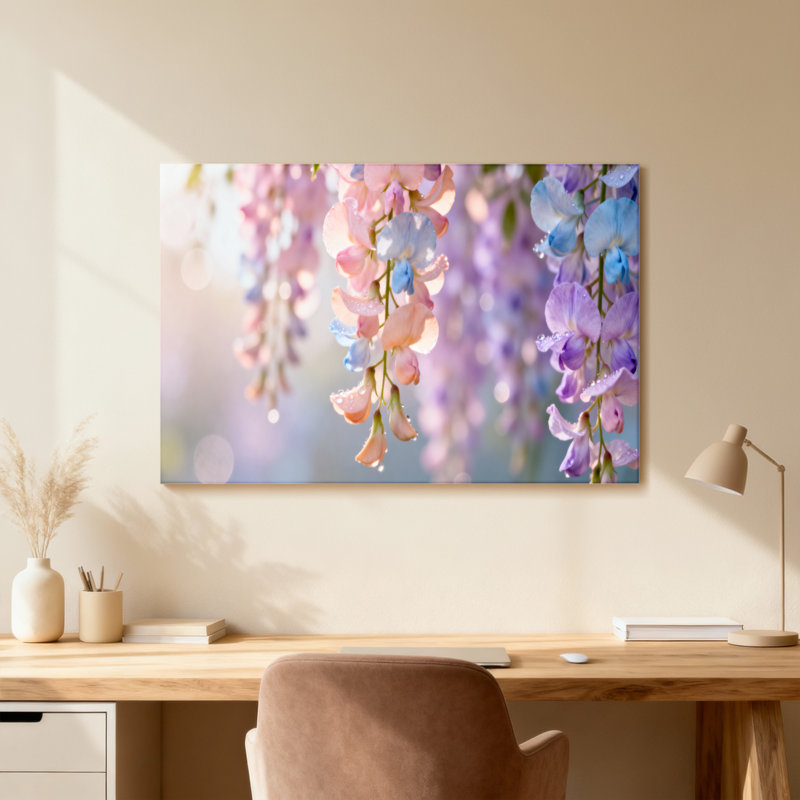 Plantes et fleurs fleurs pastel suspendus pétales délicats sur fond doux, H 20 po x l 30 po, Toile tendue, Ne s’applique pas