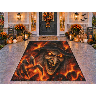 Tapis d'extérieur 152 x 213 cm (5 pi x 7 pi) motif sorcière hantée et enflammée d'Halloween, épais, imperméable, en PVC bouclé, résistant et à séchage rapide, idéal pour terrasse, balcon, entrée ou porche.