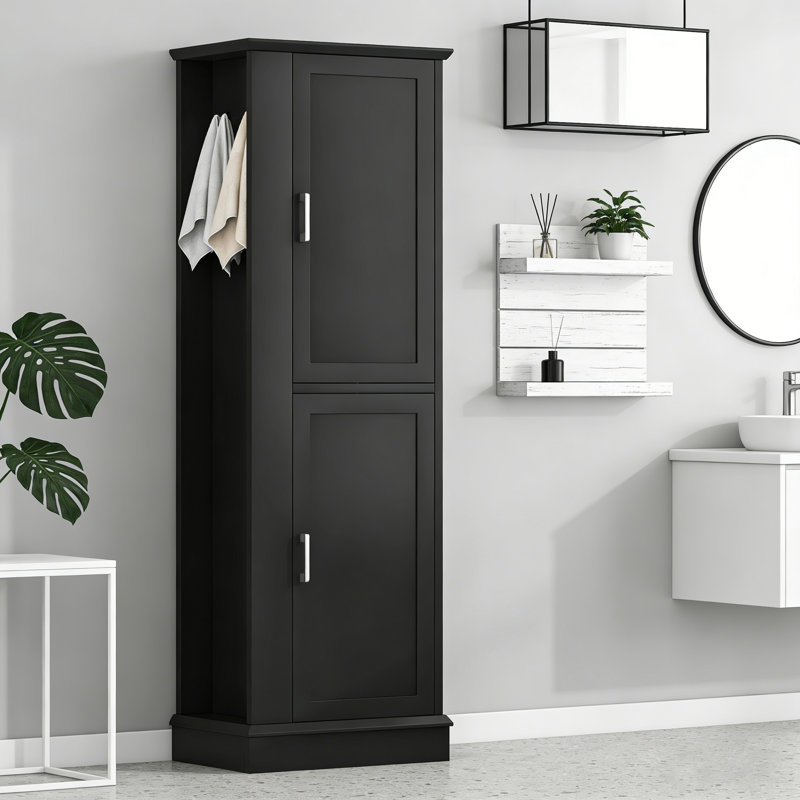 Tall Freestanding Bathroom Storage Cabinet With Hook & Adjustable Shelf, MDF Material, Black