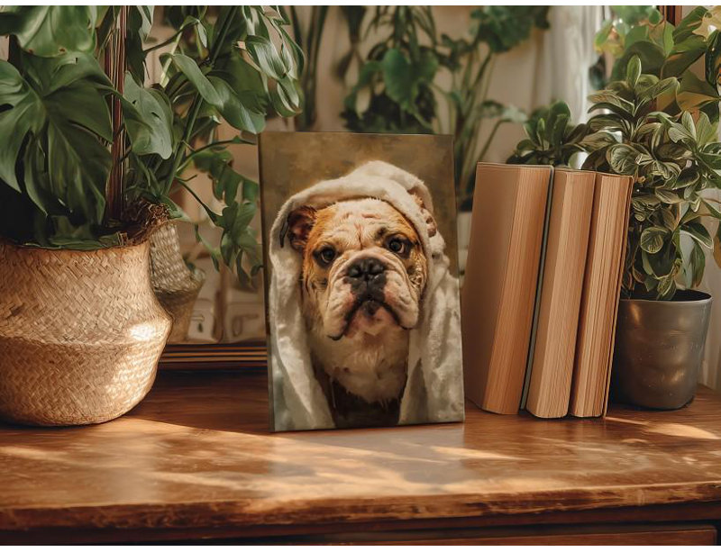 Art de bouledogue anglais sur toile: Drôle de chien dans une serviette, portrait d'un animal de compagnie, H 45 po x l 30 po