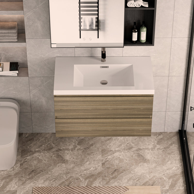 Meuble-lavabo mural 36 po avec lavabo flottant, meuble-lavabo mural moderne avec lavabo en résine et tiroirs, Gris