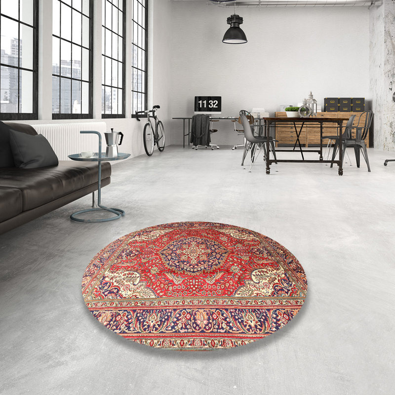 Tapis traditionnel rouge / pêche / bleu, Rond 7 pi