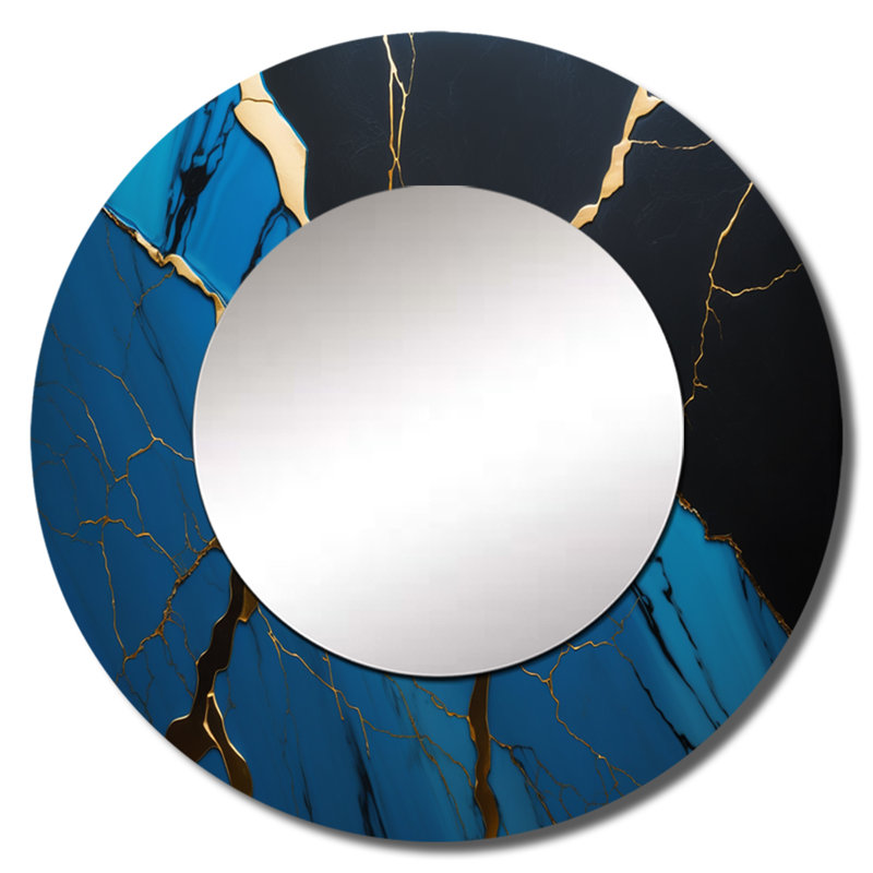 «Pestonit Abstract Geode Blue II» - miroir en marbre, miroir mural rond bleu, impression sur métal, 36 po x 36 po