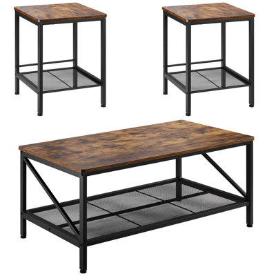 3 Pieces Living Room Table Sets, 41.3 in Industrial Coffee Table with 2 Square End Side Tables, Easy Assembly Coffee and End Tables Sets with Metal Le by 17 Stories