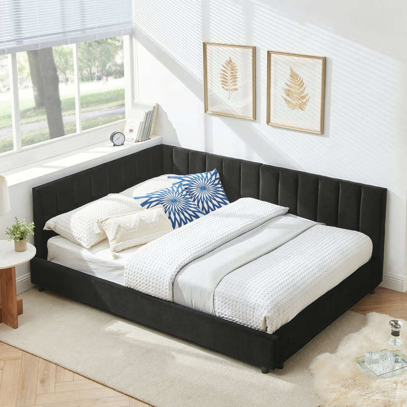 Full Upholstered Tufted Bed Frame, Sofa Bed Frame with Comfortable Backrest and Armrests, Full Size Bed for Bedroom, Living Room,Velvet