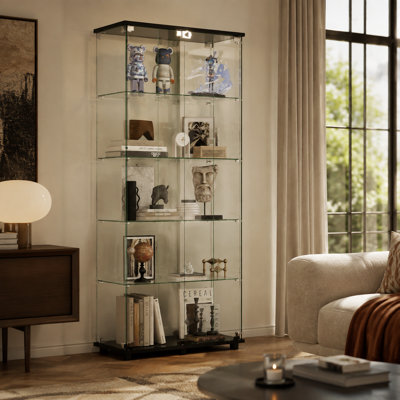 Vitrine au sol en verre avec 5 tablettes, portes verrouillables doubles, verre trempé de 5 mm, 71,28 po x 31,68 po x 13,86 po, noir
