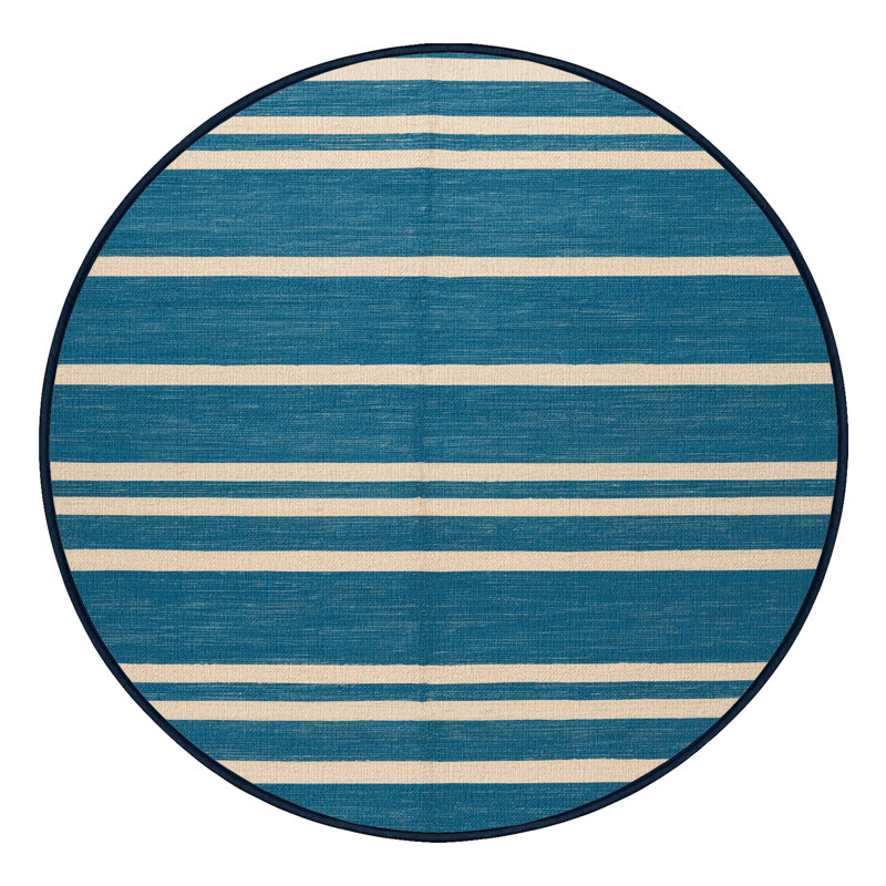 Tapis bleu à rayures horizontales lavable à la machine, Rond 6 pi