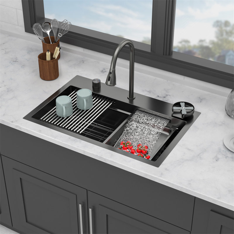 Évier de cuisine à cascade encastré noir Gunmetal - 31,5 x 21 x 9,4 po, éviers de cuisine à rebord en acier inoxydable de calibre 16 avec robinet rétractable et laveuse de tasses