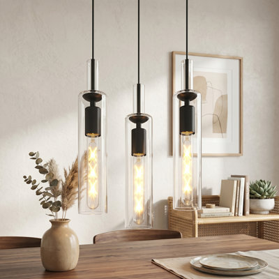 3-Pack Black Modern Industrial Glass Pendant Lights, Adjustable Hanging Fixtures for Kitchen Island, Dining Room, Hallway, Living Room, Bedroom (No Bulbs Included)