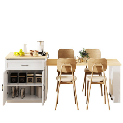 82.7 Inch Kitchen Island With Extendable Table For 2-6, White, Double Storage, 2 Drawers, Side Shelves, Timeless Design Dining White Wood Grain, Double Ac Outlets, 1 , Type-C, Drawers
