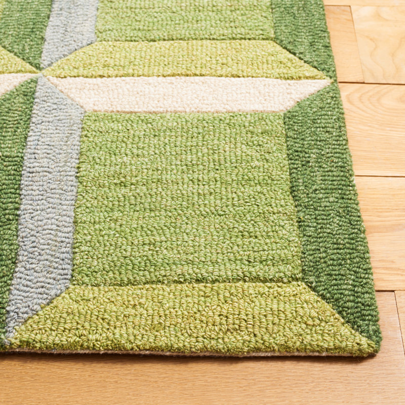 Giedre Geometric Hand Tufted Cotton/Wool Area Rug in Green/Beige, Runner 2'3" x 8'