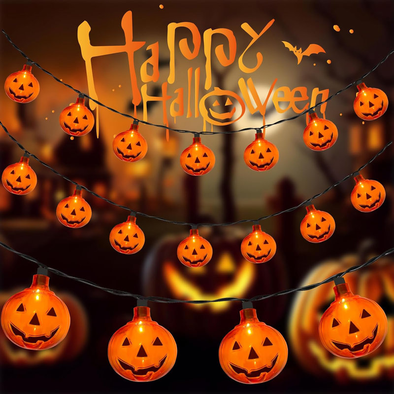 Guirlandes de citrouille - décorations d'Halloween orange 8,5 pi avec 10 lumières de citrouille à DEL pour l'extérieur, l'intérieur, la fenêtre, le patio, la fête