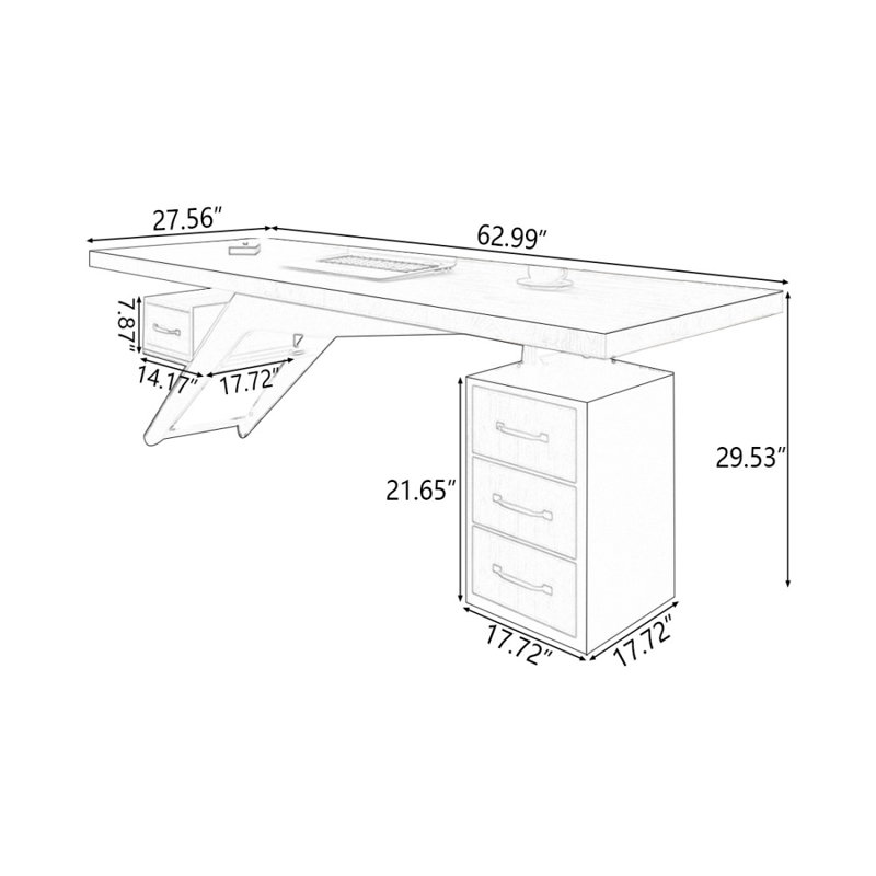 Bureau rectangulaire brun et noir en bois massif + fer avec 4 tiroirs, H 29,53 po x l 62,99 po x P 27,56 po