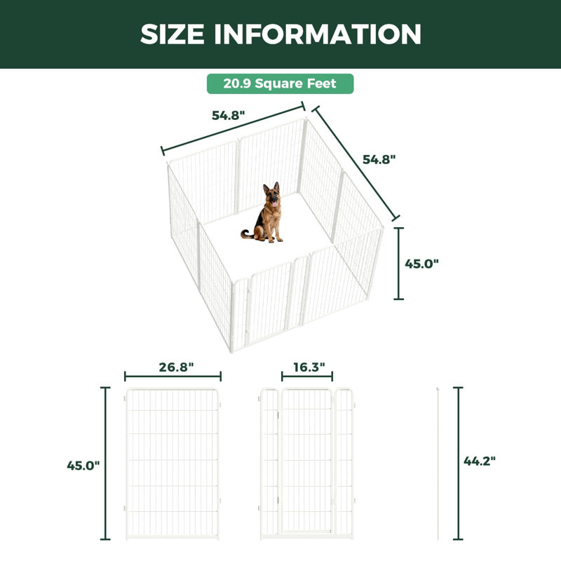 Parc pour animaux d'intérieur et d'extérieur non-stressé et résistant au stress pour animaux de grande taille de 45 po avec panneau à 8 panneaux pour animaux de grande taille, blanc