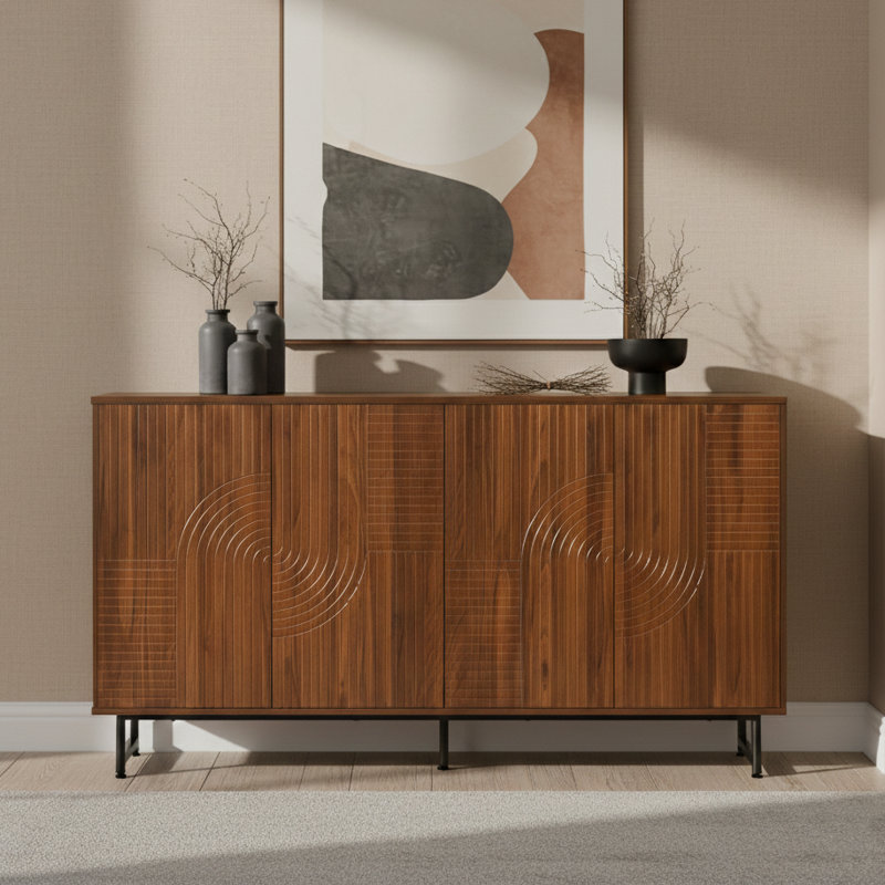 Aukfa 59" Mid-Century Modern Storage Cabinet, Wood Sideboard with Geometric Doors, Metal Legs for Living Room/ Entryway,Walnut