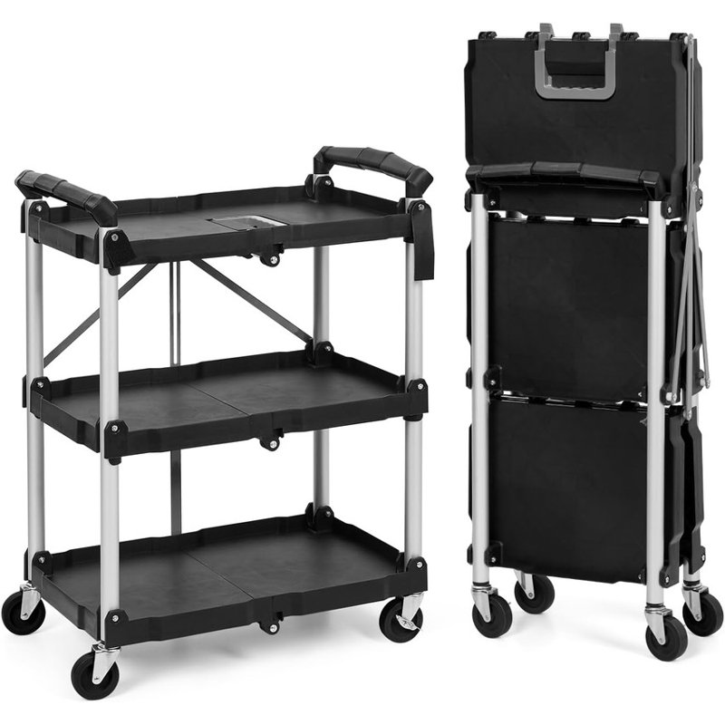 Collapsible Utility Cart, 3-Tier Foldable Service Cart with 360° Swivel Wheels, Black