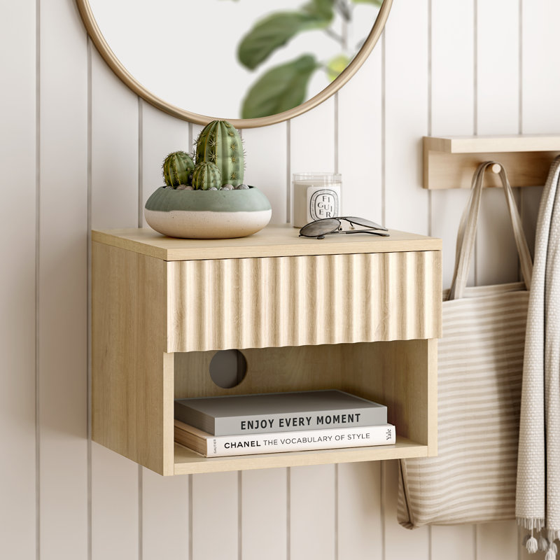Drawer Wall-Mounted Nightstand With Open Cubby, Light Oak, Individual