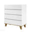 Commode de rangement moderne sans poignée à 4 tiroirs avec pieds en bois naturel massif, finition blanche