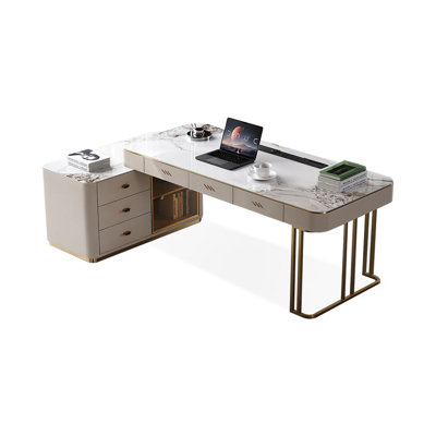 White+Gold Rectangular Stone+Manufactured Wood+Barenia with 6 drawers desk