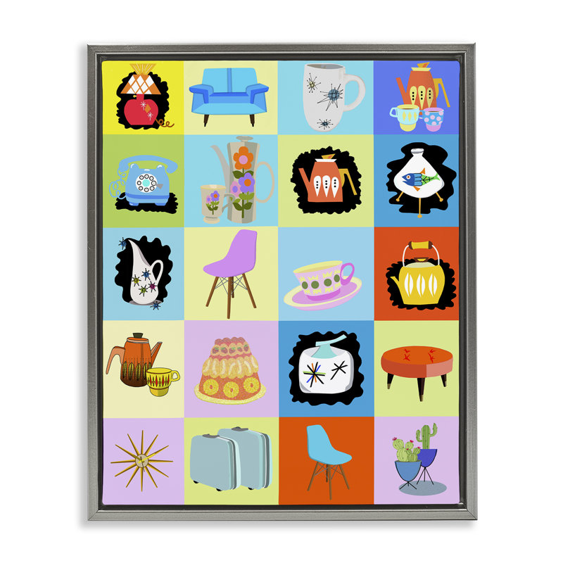 Cadre flottant rétro avec vignettes rétro, design par Lynnda Rakos, H 31 po x l 25 po, Cadre flottant gris lustré