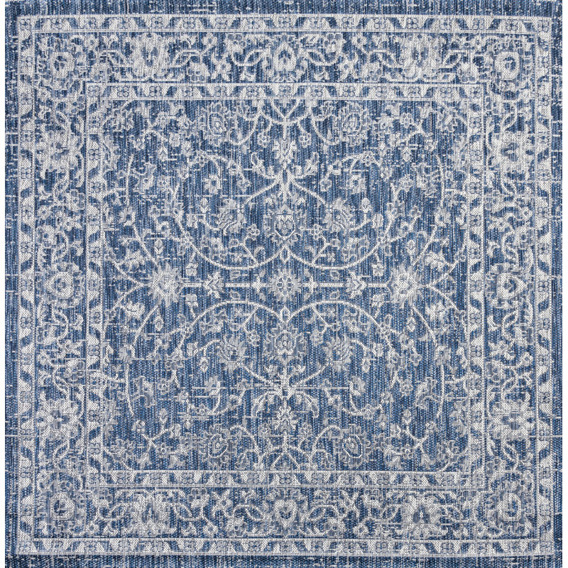 Haupt Vine and Border Textured Weave Navy/Gray Indoor/Outdoor Rug, Square 5'3"