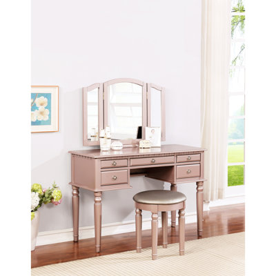 Classic Bedroom Vanity With Rose Gold Color, Foldable Mirror, Five Storage Drawers And A Padded Round Grey Stool, Solid Wood Build In Gold, Featuring Made Of