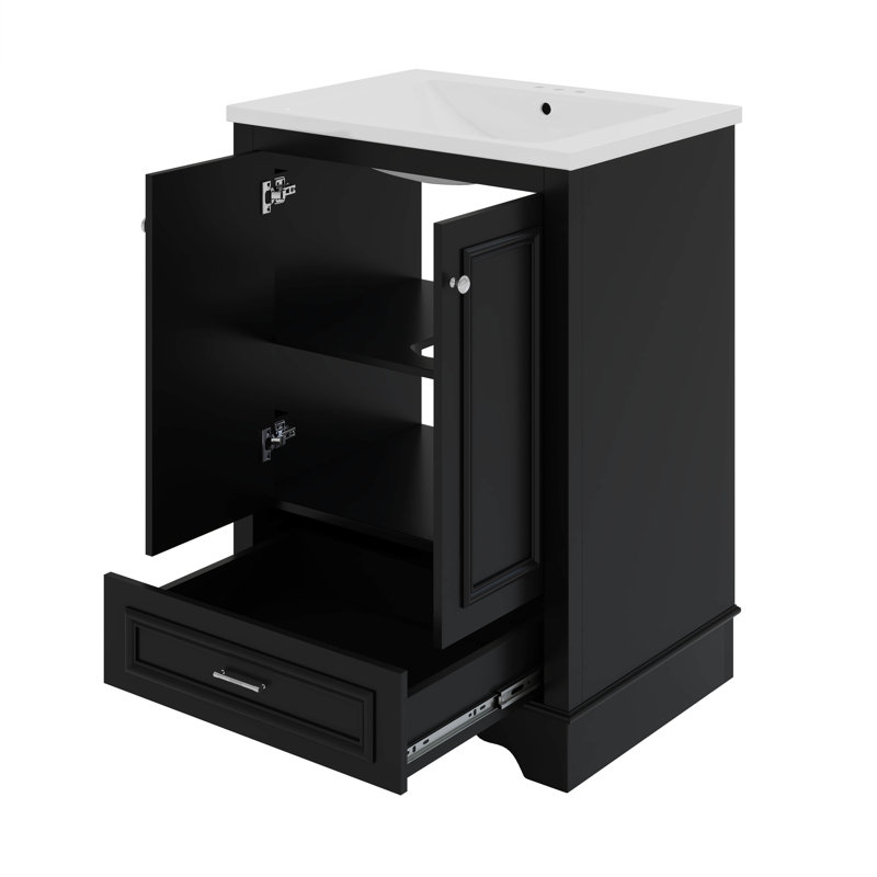Meuble-lavabo autoportant moderne 24 po avec lavabo en céramique, Noir
