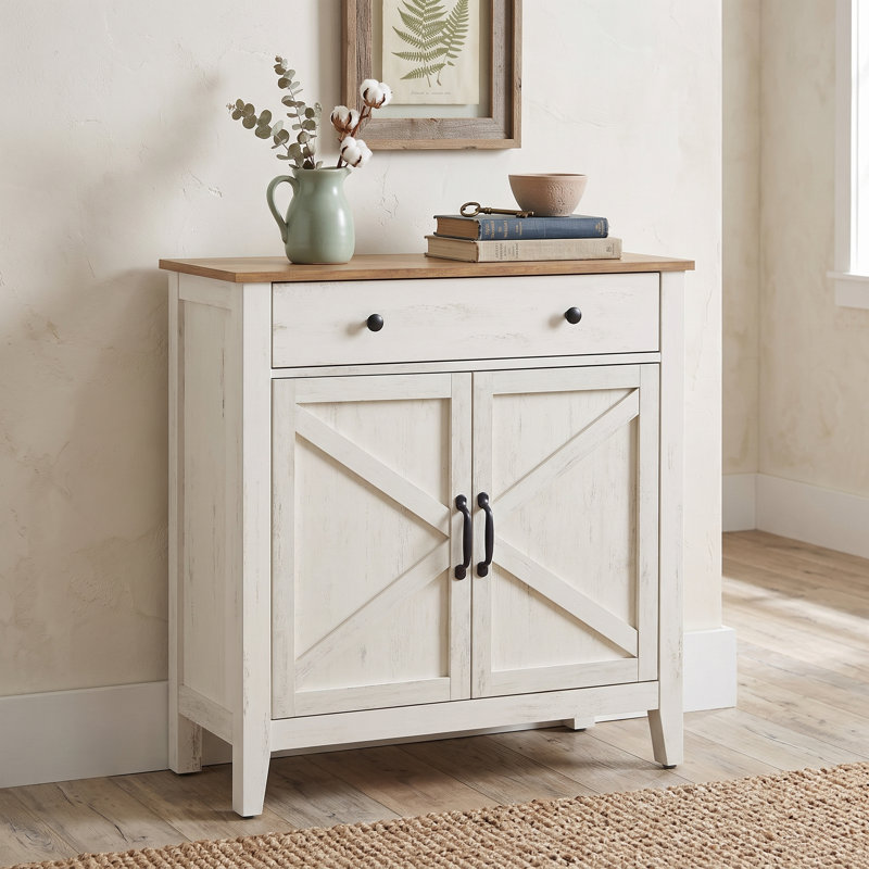 Buffet décoratif 2 portes avec séparateur de tiroirs Cassiana, Blanc délavé / brun