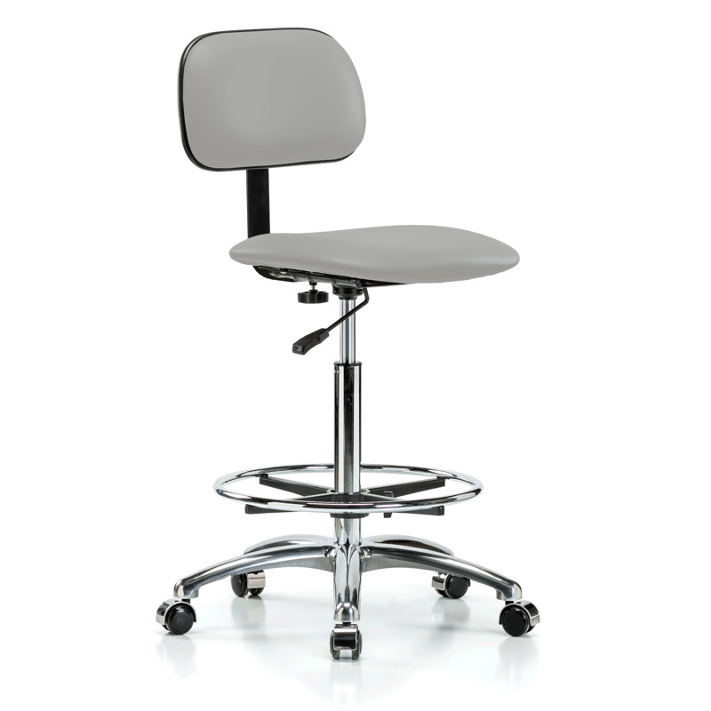 Fauteuil de laboratoire chromé avec dossier réglable et repose-pieds PERCH | Hauteur du banc élevé: 24 à 33,5 po, Vinyl gris