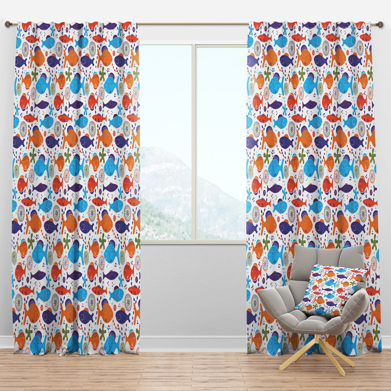 Motif de poisson - Rideau nautique - Velours obscurcissant - 1 panneau, l 52 po x L 84 po