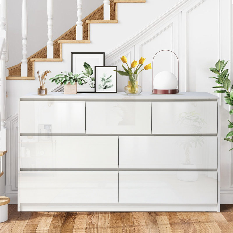 White Double Dresser for Bedroom, Modern 7 Drawers High Gloss Chest of Handle-Free Drawers with Storage, Wooden Wide Storage Organizer Cabinet Dressers