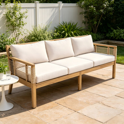Canapé de patio 3 places en bois d'acacia, canapé d'extérieur en corde tissée à la main avec coussins et coussins beiges pour le jardin