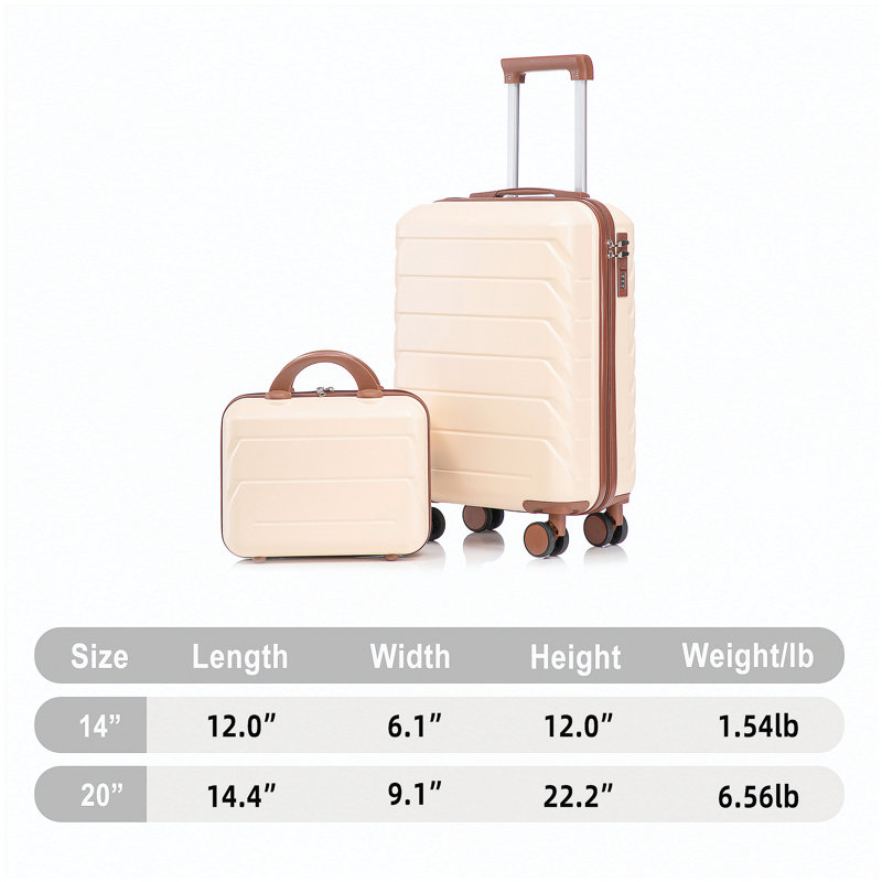 14 "/ 20" 2 pièces / ensemble dans un bagage à roulettes en ABS, avec serrure à combinaison, étui à cosmétiques 14 "(beige)