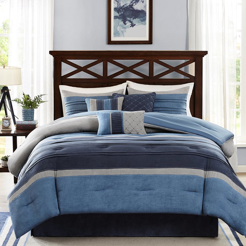 7 Piece Microsuede Bedding - Navy For King Bed, Filling, Decorative Pillows Ensemble Comforter , , 1 Comforter, 2 Pillows, Sham