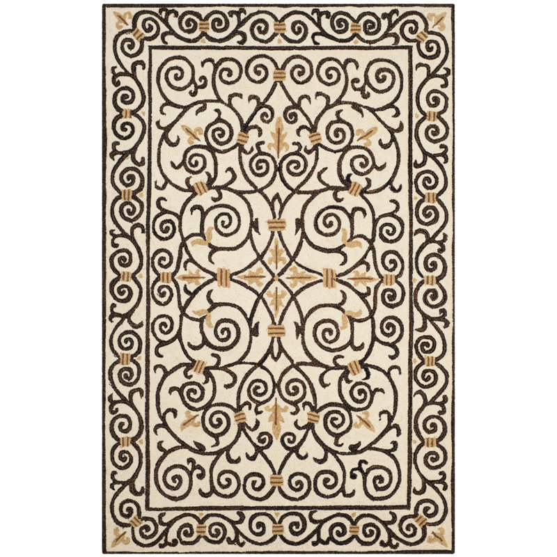 Helena Oriental Hand Hooked Wool Ivory / Dark Brown Area Rug, Rectangle 6' x 9'