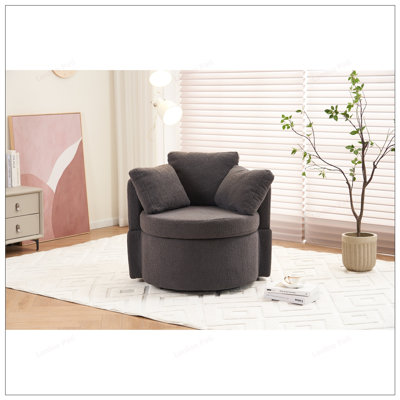 Chaise pivotante confortable avec rangement et coussins pour diverses pièces, parfaite pour la détente et l'organisation.