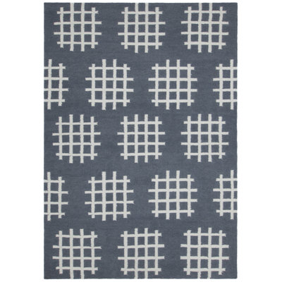 Lima Authentic Flatwoven Handmade Slate Blue & White Reversible Modern Geometric Grid Wool & Cotton Area Rug
