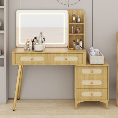 Coiffeuse avec miroir rétro éclairé, coiffeuse en rotin avec 5 tiroirs et tablettes de rangement