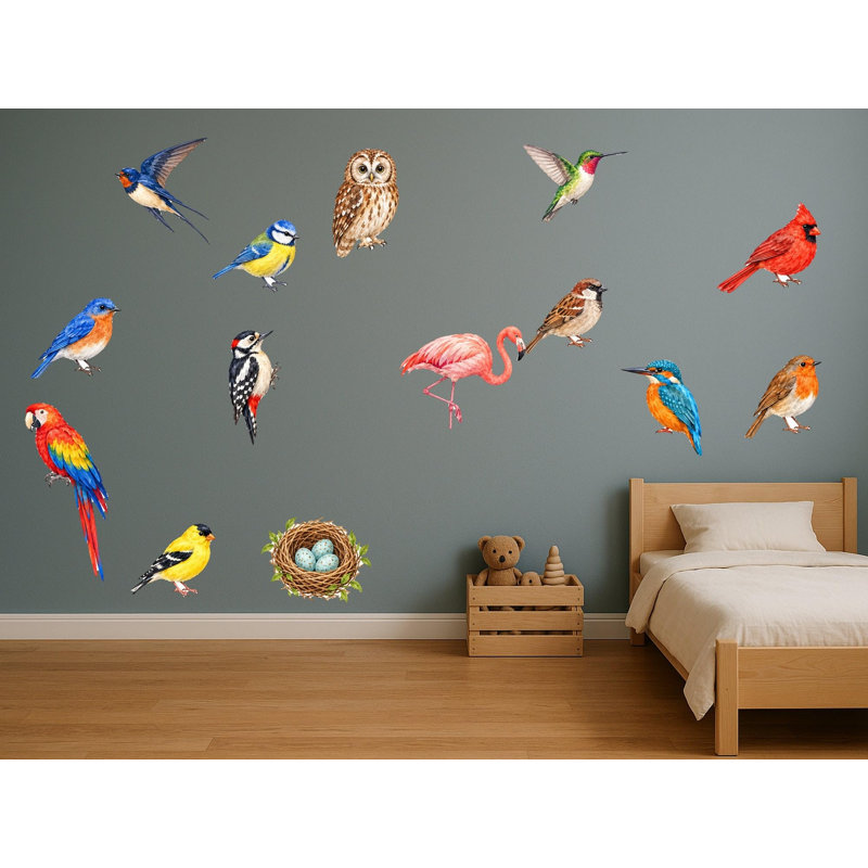 Bird Wall Decals, Set of 14 Peel and Stick Nursery Wall Stickers, Satin Finish Removable Kids Room Wall Art, 20"W x 20"H (50 x 50 cm)