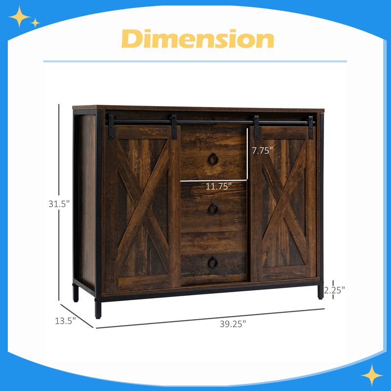 Buffet, armoire de cuisine avec portes de grange, 3 tiroirs et tablettes réglables pour le salon