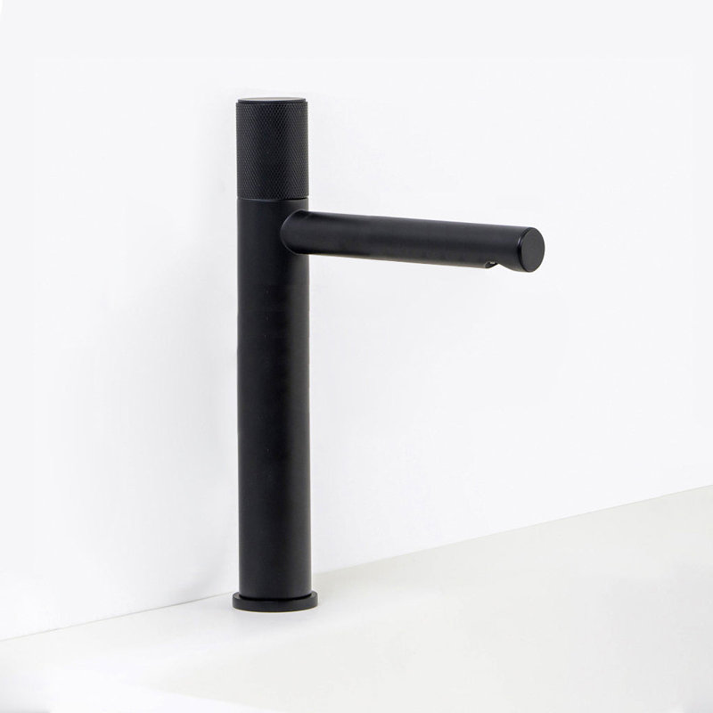 Metro Knurled Long Spout Bathroom Faucet - Vessel - 12" Brass, Matt Black
