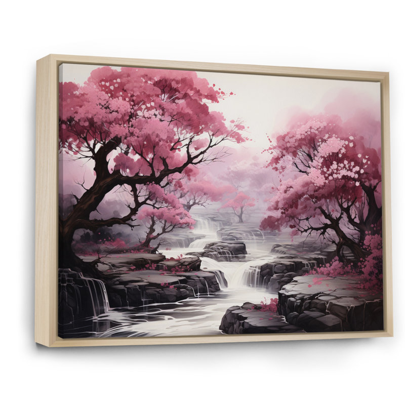«Pink Trees Waterfall Endless Journey» - Art mural cascade, Cadre naturel flottant, H 30 po x l 40 po x P 1,5 po
