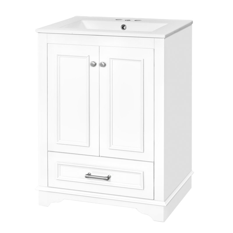 Meuble-lavabo de 24 po avec lavabo en céramique, matériau contemporain, meuble de rangement intérieur spacieux et moderne, finition blanche, tablettes réglables, assemblage facile
