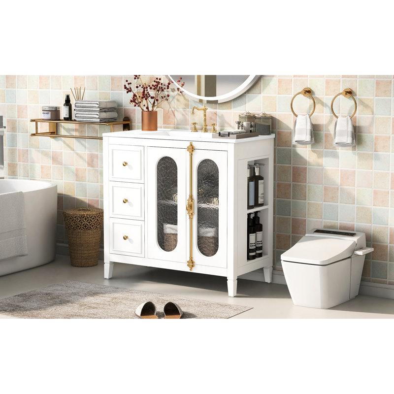 Armoire de rangement de salle de bain moderne de 36 pouces avec 3 tiroirs, portes en verre double, structure en bois massif, lavabo en céramique, apparence élégante, structure stable pour les articles de toilette, soins de la peau